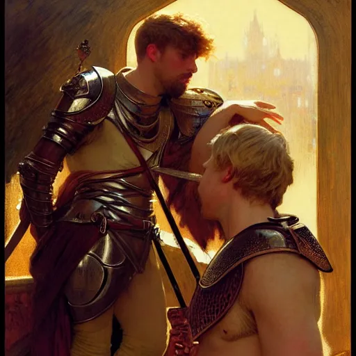 Image similar to attractive arthur pendragon and his attractive male knight, they are in love, natural lighting, path traced, highly detailed, high quality, digital painting, by gaston bussiere, craig mullins, alphonse mucha j. c. leyendecker