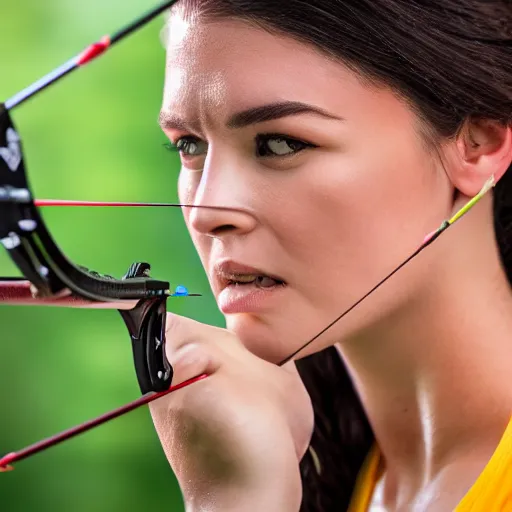 Image similar to photo realistic, consistent and highly detailed face, a attractive sports woman in archery, pointing his bow, uhd 8 k, highly detailed, sigma 8 5 mm f / 1. 4