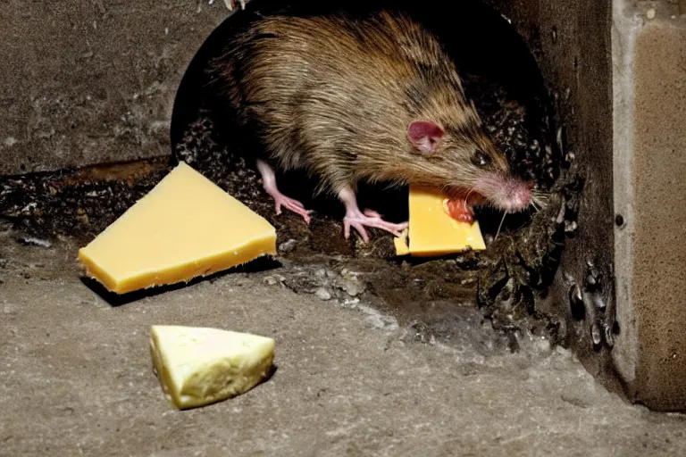 Image similar to a mutant disgusting rat eating cheese in a sewer, photograph, terror, horror, mutant,