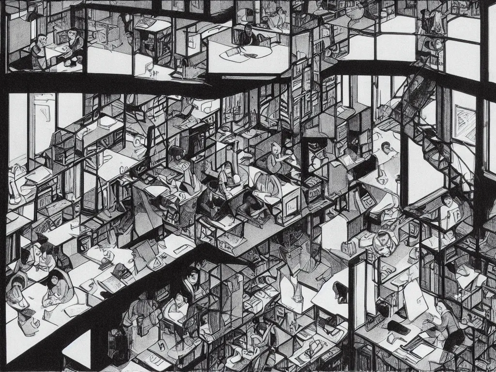 Image similar to coffee break in 9 0 s cubicle office by m. c. escher