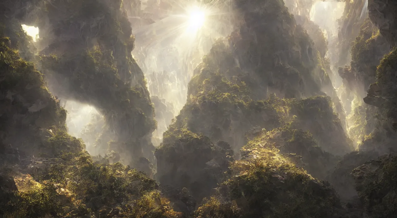 Prompt: biological crystallographic lattice bridging megastructure, in a canyon by glenn small, by albert bierstadt, photorealistic, zaha hadid, god rays, volumetric lighting, detailed, extremely intricate, raytrace, octane, light fog, neon