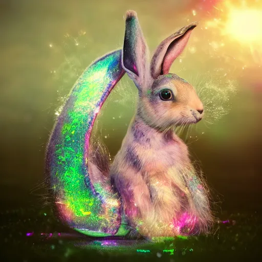 Prompt: 'a painted soul that is imagining becoming a iridescent hare as imagined by a iridescent mega hare as a cute and pretty mentally insane girl looks behind the oblique round fishbowl' 'pretty and cute teen girl with mental insanity creates an image of a psychic iridescent hare.' 3D render at 16K resolution. epically surreally epic image. rendering amazing detail. vivid clarity. ultra shadowing. mind-blowing quality.