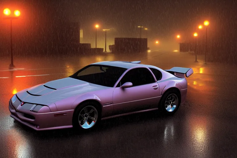 Image similar to hyperdetailed, photorealistic photograph of a 2 0 0 2 pontiac firebird trans - am drifting in the streets, rain, night, dense fog, hd, unreal engine 5 by greg rutowski, by stanley artgerm, by alphonse mucha