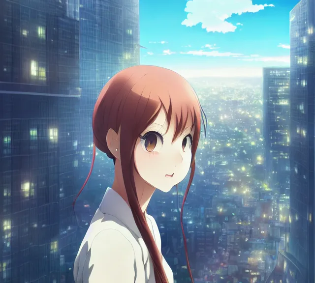 Image similar to anime visual, full body portrait of a young female sightseeing in a part above the city, beautiful face by yoh yoshinari, katsura masakazu, dramatic lighting, dynamic pose, dynamic perspective, strong silhouette, anime cels, ilya kuvshinov, cel shaded, outlined edges!!, rounded eyes, moody, detailed character