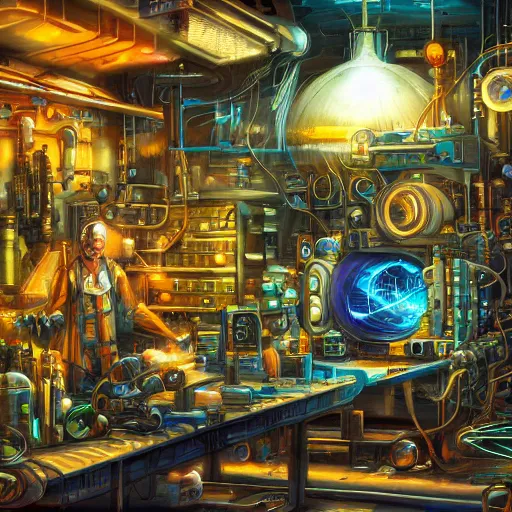 Image similar to fusion reactor in a cyberpunk tinkerer's workshop cryengine render by android jones, james christensen, rob gonsalves, leonid afremov and tim white