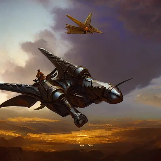Prompt: a medievalpunk flying vehicle, matte painting, by thomas Cole, James Gurney, Craig mullins, RHADS, Trending on Artstation