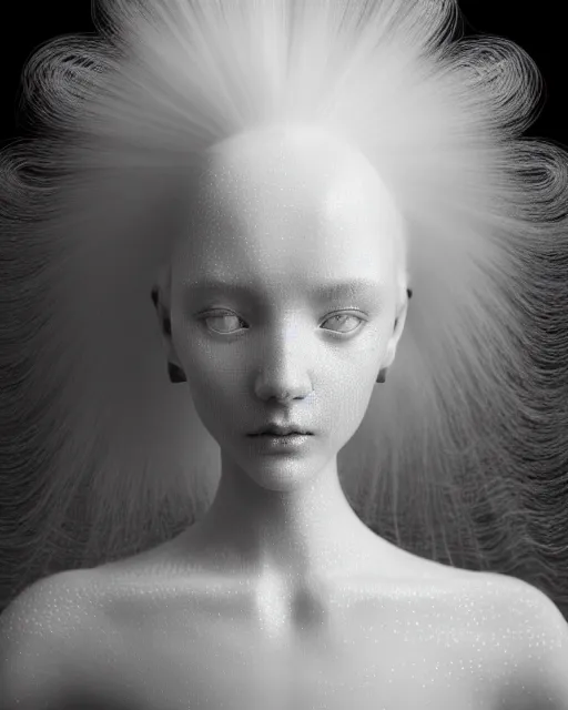 Image similar to delicate, dreamy, feminine, subsurface scattering, white, young beautiful robot - cyborg in cosmos long white hair floating in air, fluid smoke art, black and white, octane render, dino valls, mark ryden, joe fenton, michal karcz, highly detailed, rim light, art, cinematic lighting, very coherent, hyper realism, 8 k