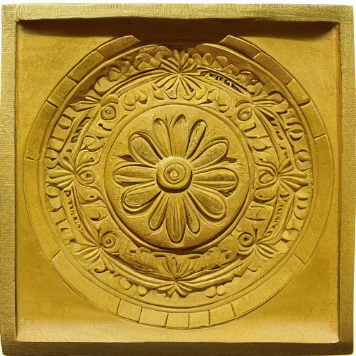 Prompt: ornate engraved carving of a daisy in a circular inset on a square gold panel