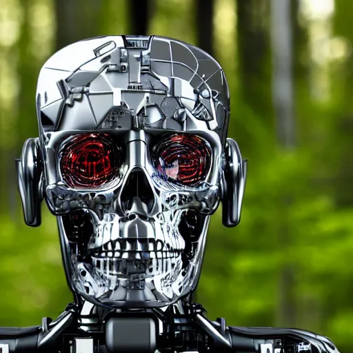 Image similar to super detailed portrait of a terminator's head, packed with cybernetics and and borg enhancements and has optic fibers inside. In a forest with bokeh.