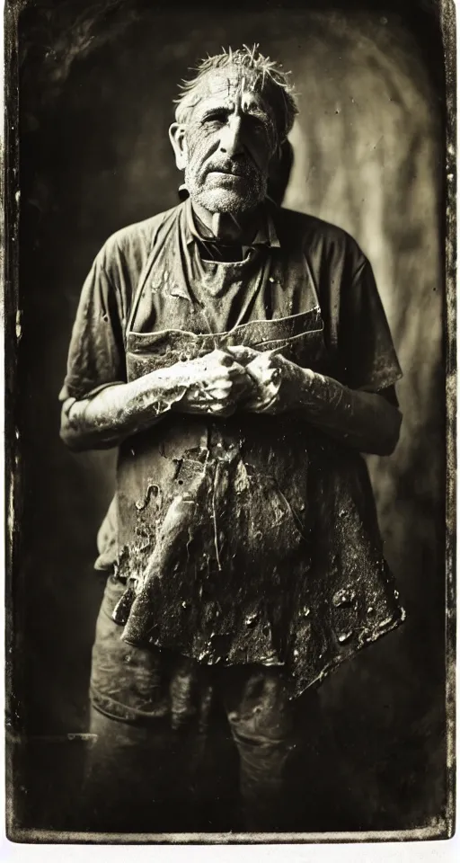 Prompt: a wet plate photograph, a portrait of a middle-aged cobbler