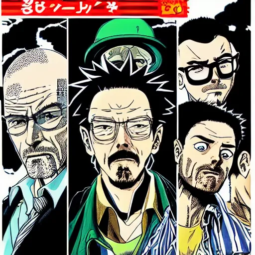 Image similar to Breaking Bad, manga cover illustration by Hirohiko Araki, Takeuchi Takashi, Pochi Iida, Masashi Kishimoto, Junichi Oda, Jojo, Shonen Jump, detailed