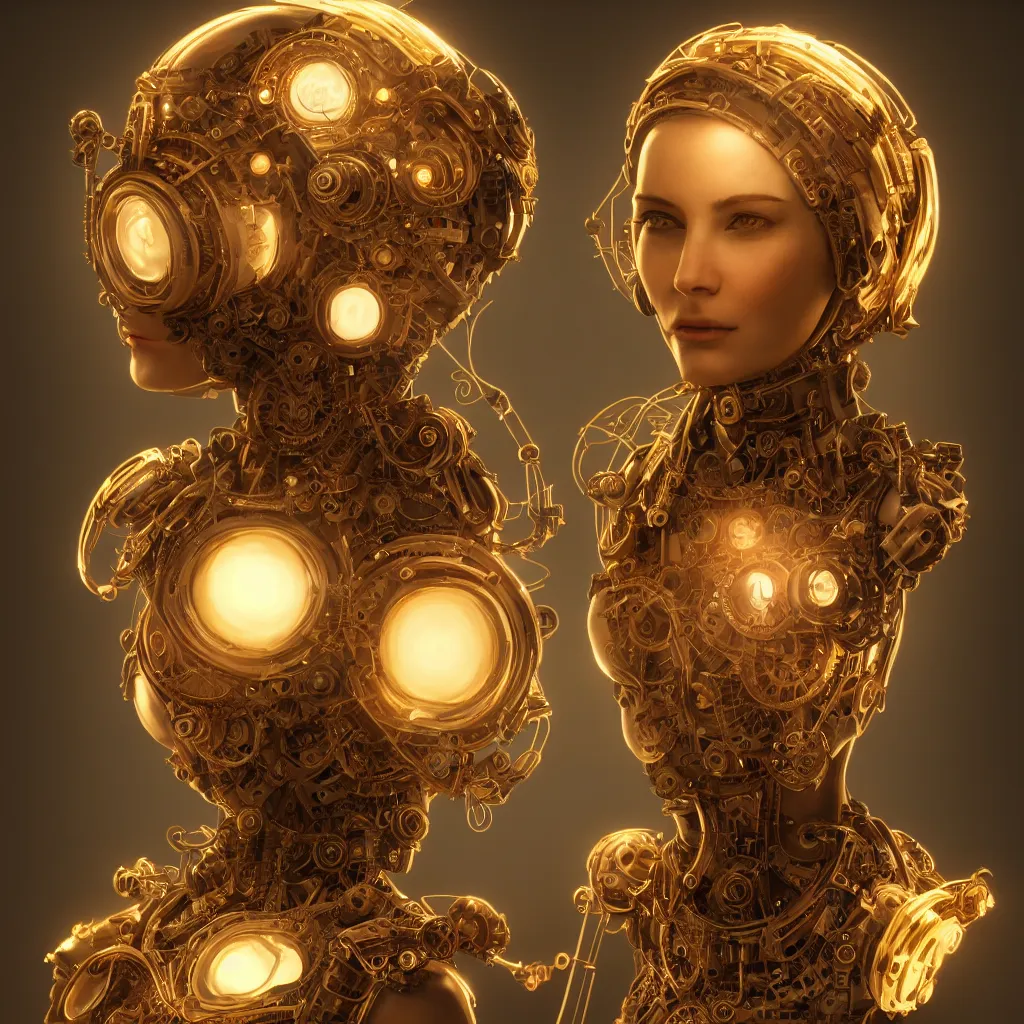 Image similar to portrait android woman time machine beautiful symmetrical face axonometric mechanical fantasy intricate elegant highly detailed, in volumetric void of latent space, golden steampunk, high contrast cinematic light, mystical shadows, digital painting, smooth, sharp focus, divine realm of gods, octane render, photographic, concept art, artist leonardo davinci, unreal engine 8 k