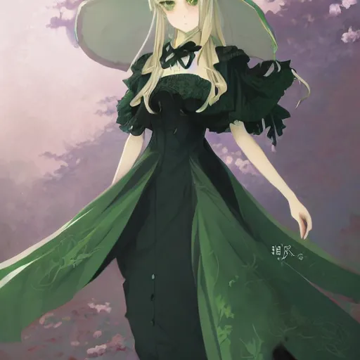 Image similar to victorique de blois anime girl gosick super detailed green eyes green eyes green eyes green eyes black dress blonde hair by greg rutkowski makoto shinkai aramaki shinji artgerm, cushart krenz key art feminine award winning