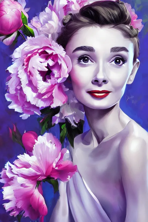 Prompt: beautiful digital painting audrey hepburn and blue peonies, by Georgia O'Keeffe, Carmelo Blandino, Cyril Rolando, artstation, Behance, 4K,