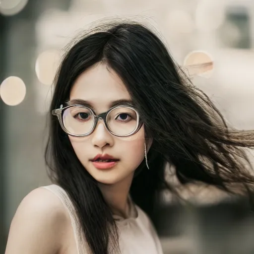 Prompt: portrait, award - winning photo, cute, beautiful, faired skin, round faced, silver colored long hair, korean girl, wearing round glasses, white trendy clothes, bokeh