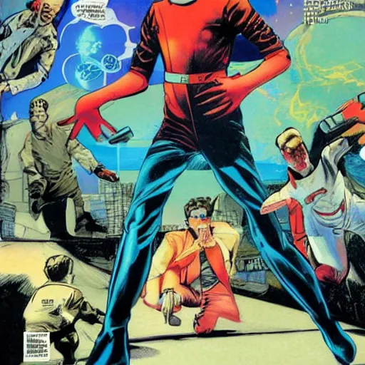 Prompt: Alex Ross and Sergio Bleda and Jérémy Petiqueux and Alex Maleev artwork of a boy super scientist in a retro space costume