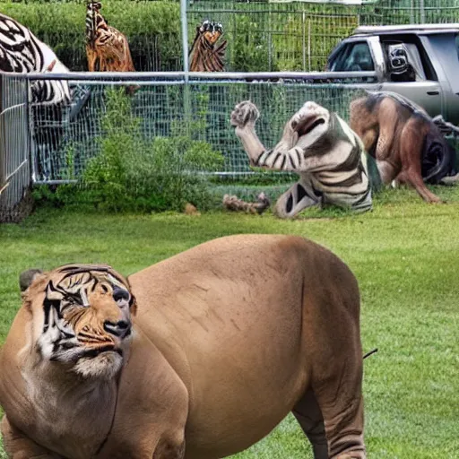 Prompt: big trouble at the zoo, animals broken loose