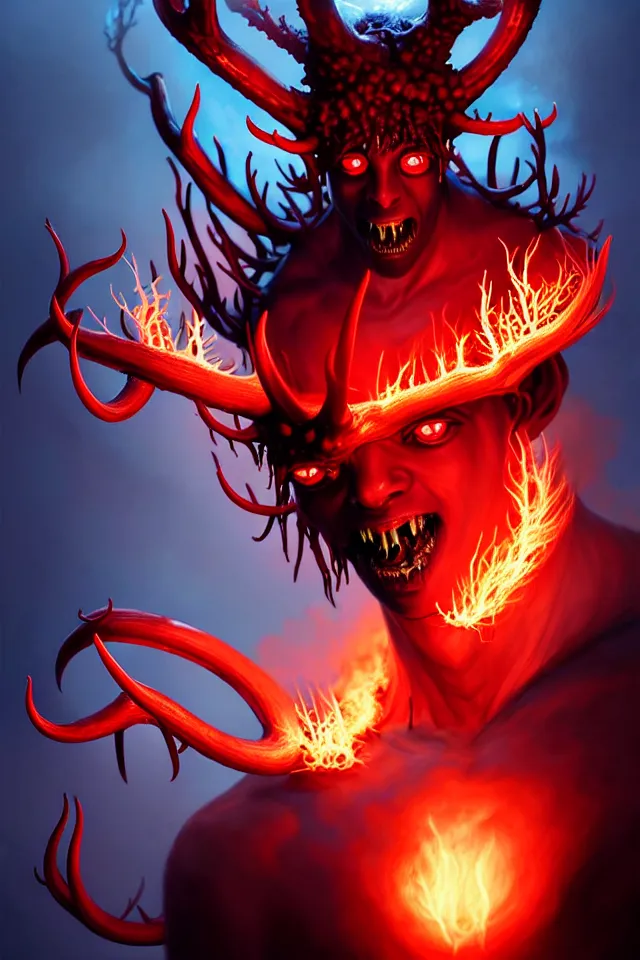 Prompt: a striking portrait of an eldritch abyssal demon boy with black antlers and flaming red eyes by moebius and ross tran and artgerm, trending on artstation, digital art, 4 k resolution, detailed, high quality, sharp focus, hq artwork, insane detail, volumetric lighting, character concept art, fine details, clear face