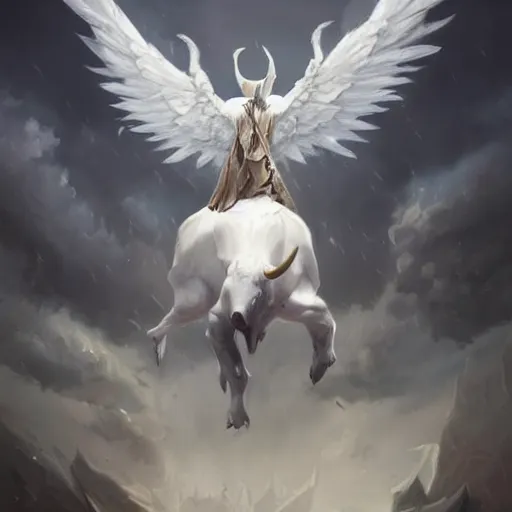 Image similar to a white bull with angelic wings, epic fantasy digital art, fantasy style art, by Greg Rutkowski, fantasy hearthstone card art style