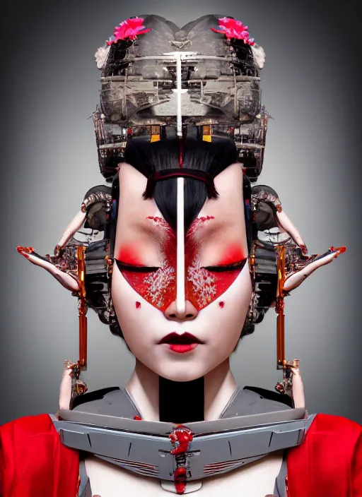 Image similar to portrait of a futuristic geisha cyborg, with a red kimono with japanese golden signs written on it, kintsugi, modern fine art, fractal, intricate, elegant, highly detailed, digital photography, parallax, subsurface scattering, in the style of ghost, by jheronimus bosch and yue minjun and greg rutkowski,