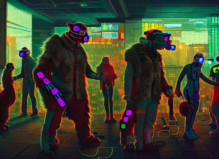 Image similar to high - resolution photograph from a cyberpunk era furry fandom convention ( midwest furfest 2 0 4 7 ), taking place after the genetic revolution and quantum singularity. photorealistic.