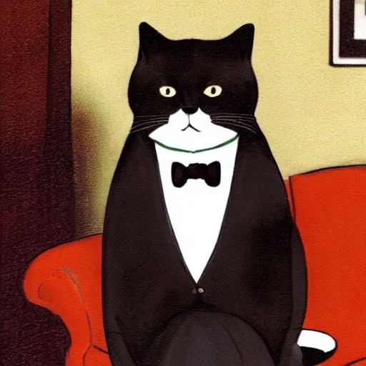 Image similar to photograph of a very fat and judgmental cat wearing a full tuxedo sitting in a dimly lit parlor lounge