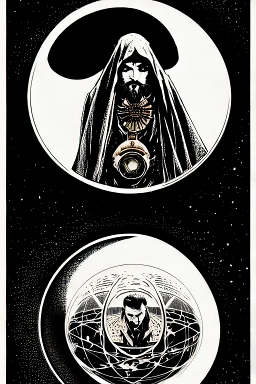 Image similar to cloaked steampunk wizard looking into a crystal ball, high details, intricately detailed, by vincent di fate, inking, 3 color screen print, masterpiece, trending on artstation,, sharp, details, hyper - detailed, hd, 4 k, 8 k