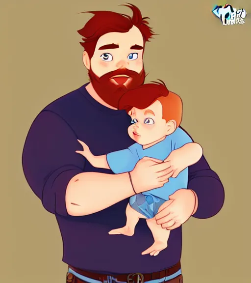 Image similar to a father with short red hair, a short red beard and blue eyes and a chubby face hold his infant son with short brown hair full color digital illustration in the style of don bluth, artgerm, artstation trending, 4 k