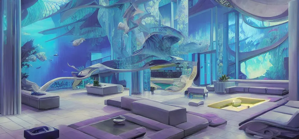 Prompt: vaporwave ombre detailed vast and sleek and modern luxury hotel lobby. underwater themed. highly detailed, digital painting, artstation, concept art, smooth, sharp focus, illustration, ed hopper, chris moore. artgerm, tomasz alen kopera, peter mohrbacher, donato giancola, joseph christian leyendecker, wlop, boris vallejo