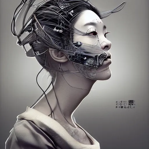 Image similar to the portrait of an absurdly beautiful, graceful, sophisticated, fashionable cyberpunk japanese school girl, an ultrafine hyperdetailed illustration by kim jung gi, irakli nadar, greg rutkowski, intricate linework, complex wiring, porcelain skin, machine guns, unreal engine 5 highly rendered, global illumination, radiant light, detailed and intricate environment