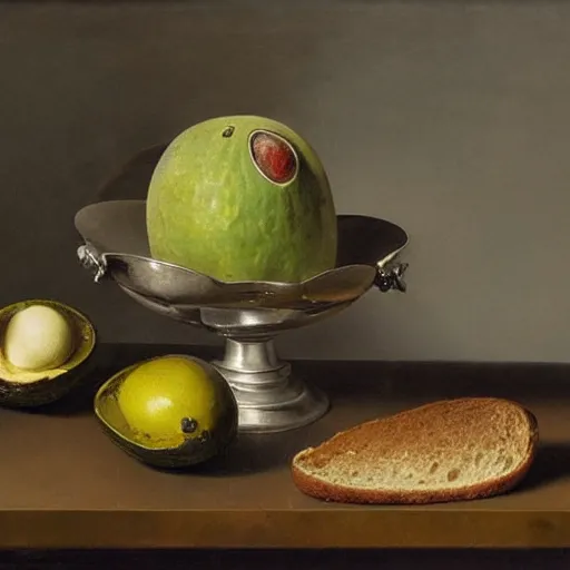 Image similar to still life by willem claesz heda, avocados, bread, linen, a fly, silver, overturned chalice, goblets,