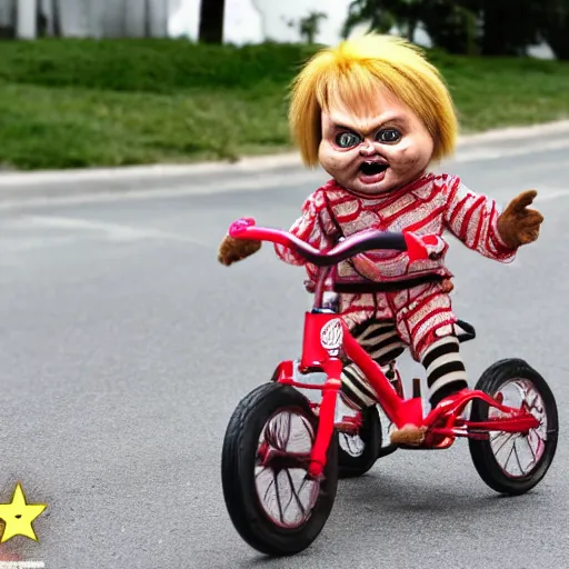 Image similar to cute screaming chucky doll riding a tricycle
