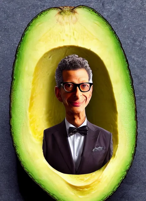 Prompt: an avocado with jeff goldblum's head on top