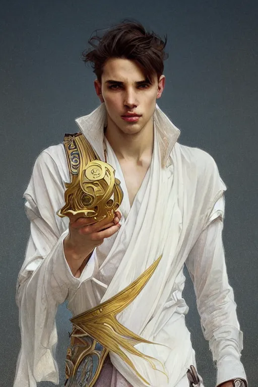 Prompt: portrait of the most beautiful young male ever, modern style, by greg rutkowski and alphonse mucha, d & d character, gradient white to gold, highly detailed portrait, in front of an urban background, digital painting, artstation, concept art, smooth, sharp focus ilustration, artstation hq