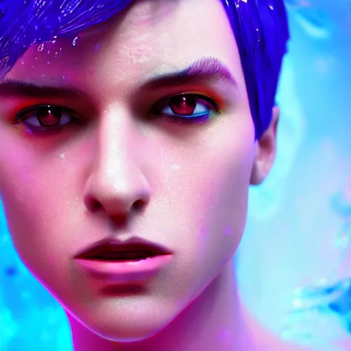 Prompt: close up shot androgynous trans masc model with black hair pixie cut covered with oil, reflection on the oil, krenz cushart, submerged underwater, blue and purple neon lighting, 3d octane render, fashion model photography, brandon woelfel, insanely detailed and intricate, super detailed, fluid sim, golden ratio