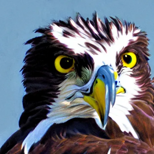 Image similar to extremely detailed cartoon osprey looking directly into camera