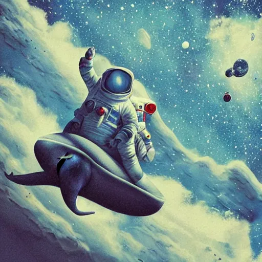 Image similar to astronaut riding on top of floating whale, in undiscovered place, space, exploration, science fiction, fine details, beautiful sky, infinite view, neo