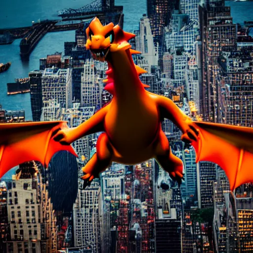 Prompt: charizard flying above new york, videogame still, portrait, 4 0 mm lens, shallow depth of field, close up, split lighting, cinematic