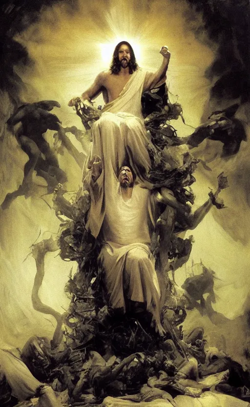 Image similar to jesus christ wearing blindfold!!!!! sitting on a huge!!!! throne of entwined bodies, elegant, ominous, highly detailed painting by goya!!! phil hale!! gaston bussiere, craig mullins, j. c. leyendecker, 8 k, mid shot