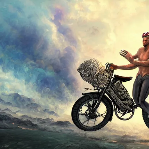 Image similar to giga chad angel riding a bike, unreal engine, digital, artstation, detailed intricate illustration, heavenly atmosphere, digital art, overdetailed art, concept art, complementing colors, trending on artstation, cgstudio, the most beautiful image ever created, dramatic, subtle, details, award winning artwork, beautiful scenery