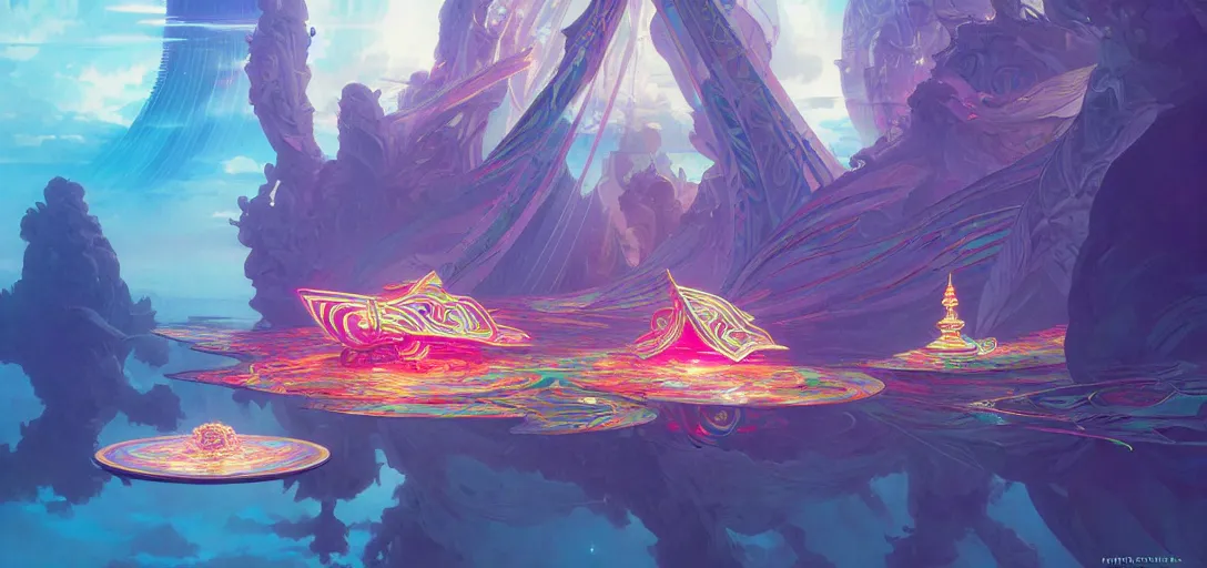 Image similar to a floating temple, channeling swirling energy, wearing netrunner clothing, vaporwave aesthetic, colorful, psychedelic, digital painting, artstation, concept art, smooth, sharp focus, illustration, art by artgerm and greg rutkowski and alphonse mucha