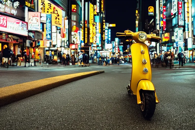 Prompt: a scooter made of gold in the streets of Tokio at night