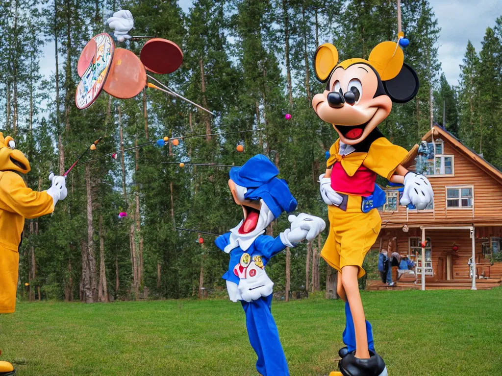 Image similar to disney's goofy playing darts in front yard of finnish summer cabin