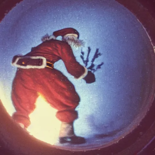 Image similar to a grainy photo of santa claus climbing down a chimney at night, shot with an old polaroid camera, grainy vhs texture 4 k, realistic, unreal engine 5, sharp details, 3 0 0 dpi