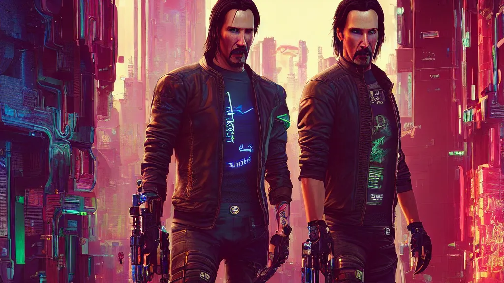 Prompt: a cyberpunk 2077 srcreenshot couple portrait of Keanu Reeves female android in love,film lighting,by Laurie Greasley,Lawrence Alma-Tadema,Dan Mumford,John Wick,Speed,Replicas,artstation,deviantart,FAN ART,full of color,Digital painting,face enhance,highly detailed,8K,octane,golden ratio,cinematic lighting