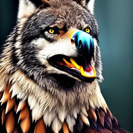 Image similar to a wolf eagle!!! hybrid!!, bold natural colors, masterpiece, trending on artstation, photograph, national geographic