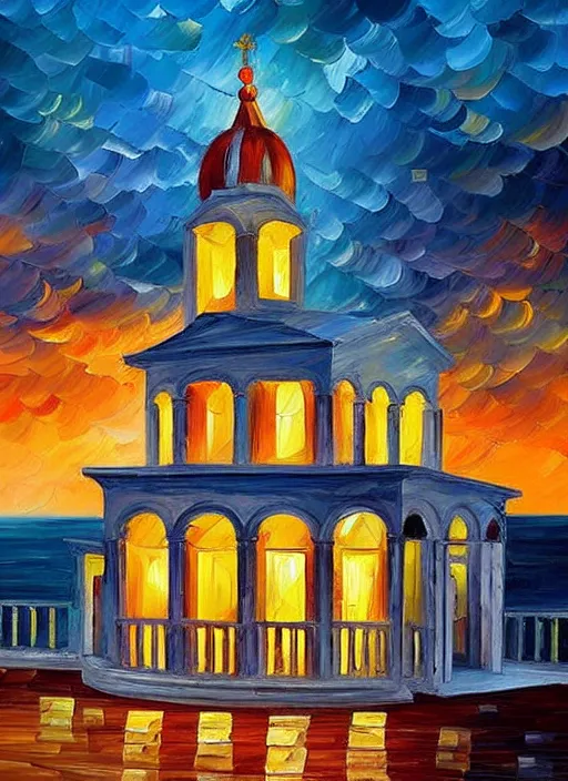 Image similar to beautiful seaside greek chapel in village at sunset in the style of leonid afremov