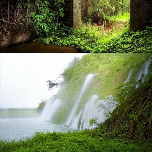 Image similar to abandoned, overgrown, underground bunker, room with waterfall and lake, beautiful, underground