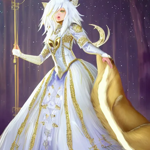 Prompt: commissioned full body portrait of a female anthro furry wolf headed princess fursona with white hair wearing a white and gold armored dress in a white and gold palace, by Wlop and jerry park, artstation, extremely detailed