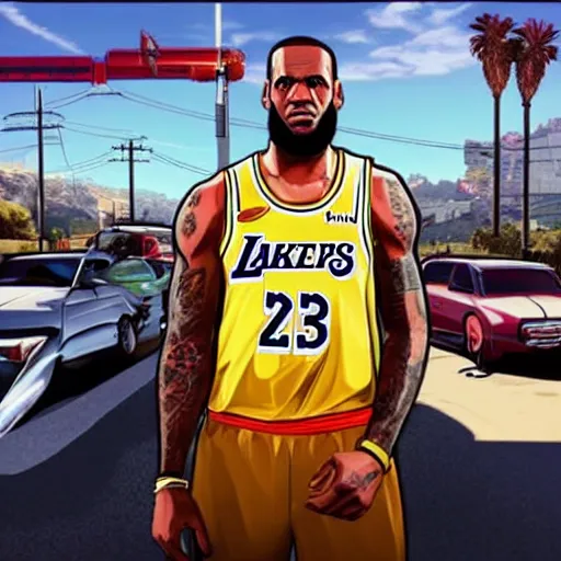 Image similar to lebron james as a character of gta V , videogame, loading screen